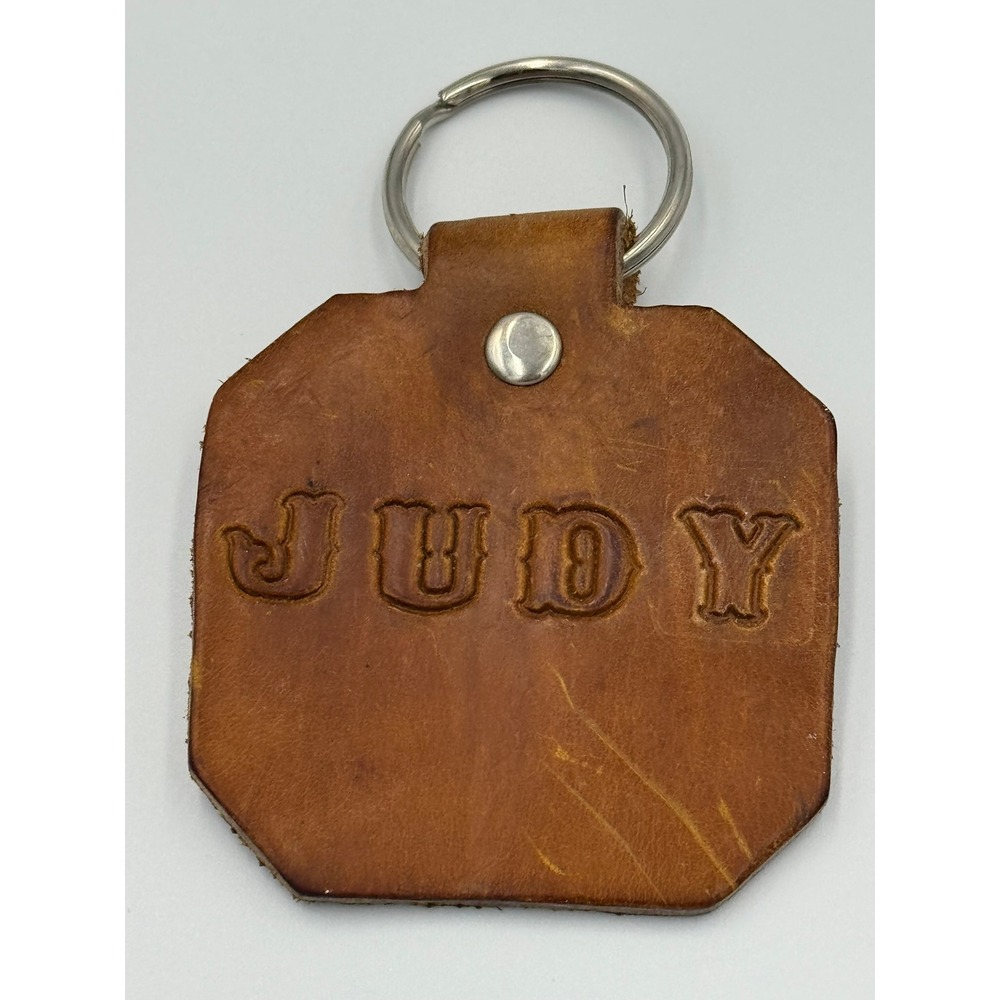 Vintage Personalized Leather Keychain Judy Name Fob Brown Western Style Embossed - Picture 2 of 6